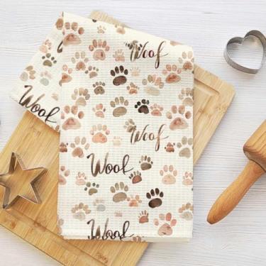 Imagem de Toalha de cozinha em aquarela com pegada de cachorro, toalha de prato de microfibra absorvente decorativa vintage, toalhas de mão de waffle para casa de fazenda, banheiro, presentes para amantes de