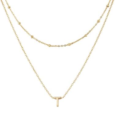 Imagem de 1 colar com letra inicial e 1 corrente curta, moderno banhado a ouro, colar com inicial e pingente minúsculo para mulheres, joia (T), Medium, Cobre, Sem Pedra Preciosa