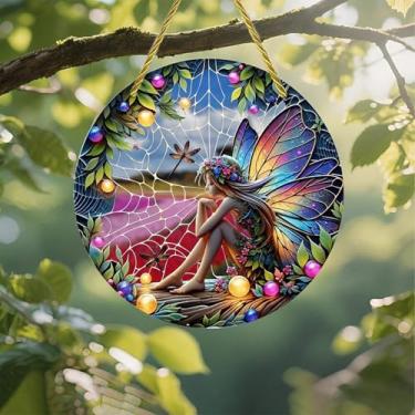 Imagem de Acrílico colorido Suncatcher, jardim com teias sentadas de fadas, decoração de parede de janela suspensa de 18 cm com design de estilo vitral impresso, ideia de presente e ornamento de jardim, uso
