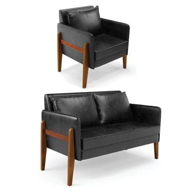 Imagem de Kit 1 Sofá Namoradeira E 1 Poltrona Lana Corano Base De Madeira - D'Rossi Preto
