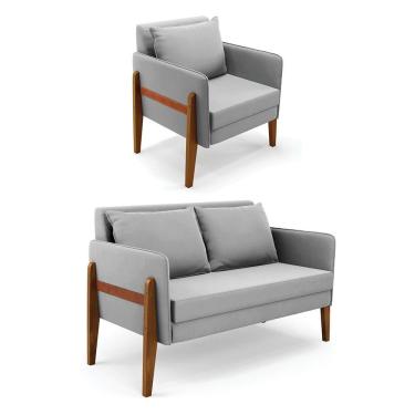 Imagem de Kit 1 Sofá Namoradeira E 1 Poltrona Lana Suede Cinza Base De Madeira - D'rossi