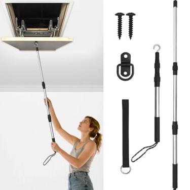 Imagem de Kit de sistema de puxar para baixo no sótão - mastro de gancho extensível para escadas de sótão com anel D e corda de anel de vedação, poste telescópico de 3 seções de liga de alumínio para sótãos