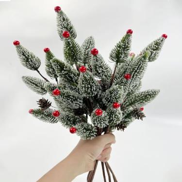 Imagem de SNAIL GARDEN 6 hastes foscas de pinheiro Norfolk com mini agulhas em forma de árvore de Natal, ramos de pinheiro Norfolk de 40 cm com pinhas e frutas vermelhas, hastes de Natal para vasos, guirlanda