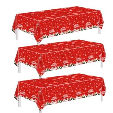 Imagem de QianYa Toalhas de mesa de Natal – Pacote com 3 capas de mesa retangulares de 137 x 272 cm – Toalha de mesa de plástico vermelha e verde com estampas de Papai Noel, árvore de Natal e floco de neve