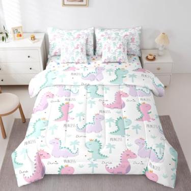 Imagem de Erosebridal Conjunto de edredom solteiro com lençol kawaii, dinossauro, 7 peças, rosa, roxo e verde em uma bolsa, conjunto de cama fofo de desenho animado com fronhas