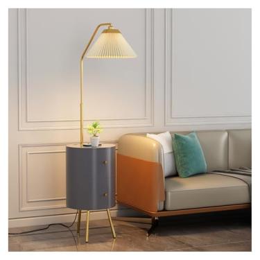 Imagem de Luminária de chão Mesa de cabeceira redonda inteligente com lâmpada e estação carregamento sem fio, LED 3 cores, mesa moderna 2 gavetas madeira(Gray)