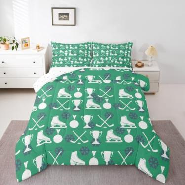 Imagem de Jogo de cama casal com estampa de jogador de hóquei no gelo, para crianças, meninas, meninos, floco de neve, eventos esportivos de inverno, hobby e atividades, decoração para todas as estações