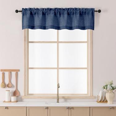 Imagem de Chyhomenyc Saia azul marinho para janelas, cortina curta com filtro de luz de linho sintético texturizada, pequena para cozinha, bolso de haste, cortina curta para banheiro, porão, quinta, 152 x 30 cm