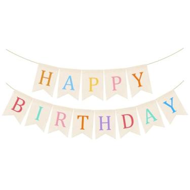 Imagem de Faixa de serapilheira de feliz aniversário com tema boho guirlanda branca bandeira boêmia pendurada rústica arco-íris colorido aniversário foto pano de fundo