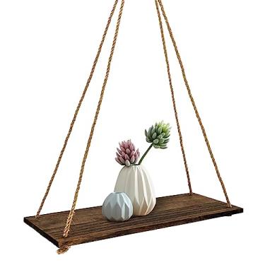 Imagem de FuninCrea Prateleiras suspensas para parede, prateleiras flutuantes de madeira rústica, 35 x 14 cm, com corda giratória, prateleira decorativa para parede, prateleira de exibição de plantas para sala