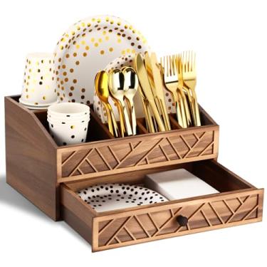Imagem de Marsui Dispensador de pratos de papel, suporte de prato de papel para bancada com gaveta, organizador de talheres de madeira, organizador de talheres para colher, garfo, guardanapos, cozinha