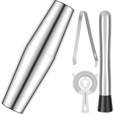 Imagem de Conjunto de coqueteleira, kit de barman de aço inoxidável de 5 peças com agitador de clipe de coador, kit profissional de bartending para festas de bar iniciantes