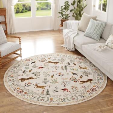Imagem de Rugcomf Tapete redondo de 1,8 m lavável tapete circular antiderrapante de pelo baixo boho floral animal pequeno tapete circular para quarto, banheiro, entrada, quarto de crianças, escritório