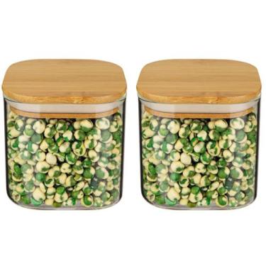 Imagem de 2 Potes Herméticos Quadrado Vidro Tampa De Bambú 500ML - VALE IMPORTAD