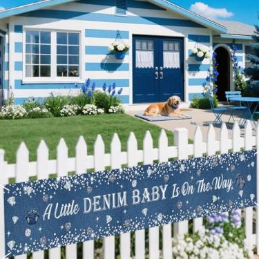 Imagem de Cheereveal Decorações de chá de bebê jeans e diamante, faixa de quintal A Little Denim Baby Is On The Way, azul marinho e prata, placa de roupas jeans com fraldas, tema de jeans, material de festa