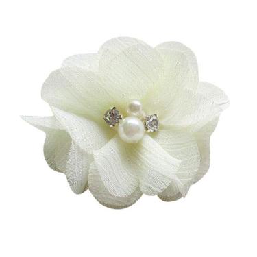 Imagem de Pacote Chenkou Craft Pack de 12 peças de laços de fita de flores de chiffon com miçangas 60 mm apliques de decoração de casamento lotes grandes, Bege, 60mm(2 3/8") Approx, 25