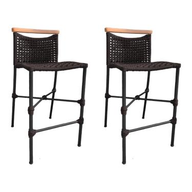 Imagem de Kit 2 Banquetas Em Corda Náutica Base Em Alumínio Preta Com Detalhe Em Madeira Marrom Marrom