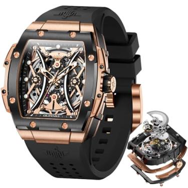 Imagem de OUPINKE Relógio masculino com corda automática de luxo esqueleto mecânico vestido de negócios relógios de pulso quadrado calendário preto, relógios masculinos de ouro rosa automáticos, relógio