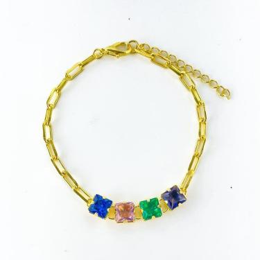 Imagem de Pulseira Elos E Riviera Colorida Banhada A Ouro 18k