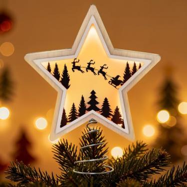 Imagem de ARQRHTLY Topo de árvore de estrela de Natal iluminado, topo de árvore de madeira rústica em forma de estrela, design de Papai Noel e rena com silhueta oca, decoração de topo de árvore de Natal de LED