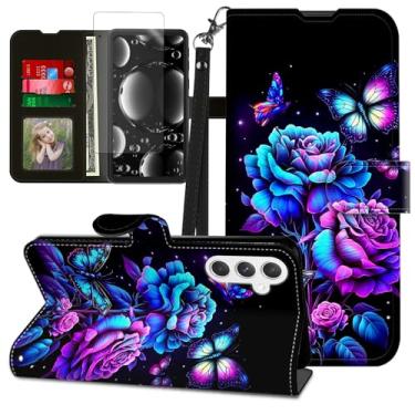 Imagem de BREIDMKFM Capa para Galaxy A14 5G, capa para Samsung Galaxy A14 5G com protetor de tela e suporte, suporte para cartão e alça de pulso, carteira flip de couro com proteção magnética, borboleta de