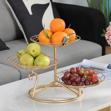 Imagem de ZJYWMM Suporte de cesta de frutas de metal de 3 camadas, ideias modernas, suporte decorativo para pão, frutas, doces, legumes, balcão, mesa, cozinha e casa, dourado