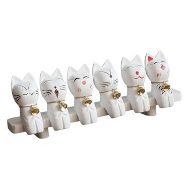 Imagem de predolo Conjunto de 6 Estátuas de Gatos Japoneses de Madeira com Sino - Esculturas de Animais, Gatinhos e Figuras para Jardim, Decoração de Casa,