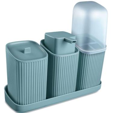Imagem de Kit 3 Acessórios para Banheiro com Bandeja – Dispenser Sabonete Líquido 400ml, Porta Algodão e Porta Escovas | Organização e Decoração Moderna(Azul Acinzentado)