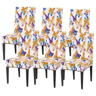 Imagem de Conjunto de 6 capas elásticas para cadeira de sala de jantar, capa protetora de assento de cadeira, borboleta, laranja, roxo, animal, removível, lavável, para cozinha, casa, hotel, banquete, festa de