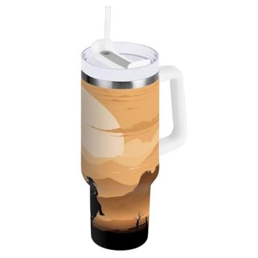 Imagem de xigua Copo vintage Western Cowboy de 1,134 g com tampa e canudo, aço inoxidável de vácuo duplo isolado garrafa de água esportiva suporte para copo de café de viagem à prova de vazamento para bebida