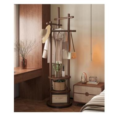Imagem de Hhsdyl Cabideiro Giratório Madeira Maciça com 3 Prateleiras e Ganchos, Cabideiro Independente Suporte Casacos para Quarto, Entrada, Sala de Estar,Walnut