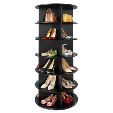Imagem de SPXMQSS Sapateira giratória de madeira, organizador de sapatos giratório de 5/6/7 níveis, torre de sapato, 360°, fácil de montar para entrada, serve para 20 a 28 pares de sapatos pretos 6 níveis 59 x
