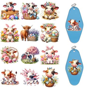 Imagem de Elewins 24 peças Happy Easter UV DTF Cup Wrap Transfer Paper for Motel Keychains UV DTF Package Printing Paper for Acrylic Hotel Keychains, Colorful UV DTF Cup Wrap (Easter Cow)