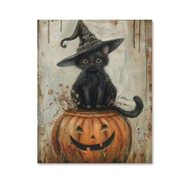 Imagem de HouLaiZhe Pôster de Halloween abóbora gato preto impressões de arte de parede decorações de Halloween decoração de parede estética gótica para sala de estar quarto 08 x 10 polegadas (20 x 25 cm)