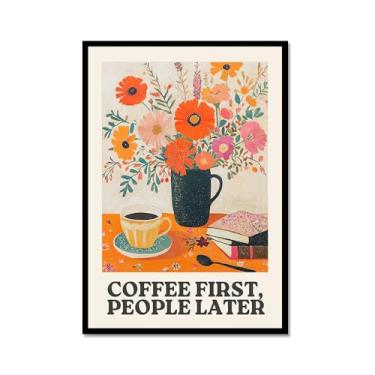 Imagem de Coffee First People Later Poster Retro Coffee Wall Art Trendy Flower Print Minimalista Vintage Floral Para Sala de Jantar Cozinha Decoração de Parede (SKU4,12x16 polegadas=(30x40cm), Moldura de metal