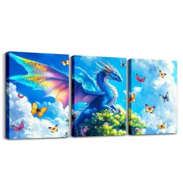 Imagem de Decoração de parede em tela de dragão, flores de borboleta, paisagem natural, pintura de parede rústica para meninos e meninas, pôsteres de animais ocidentais de dragão chinês, azul e verde 3 peças de