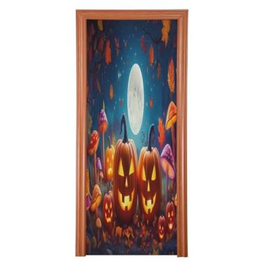 Imagem de Qilmy Decoração de capa de porta 81 x 200 cm tecido grande placa de decoração de festa de Halloween para porta da frente Halloween abóbora varanda decoração externa janela parede 236