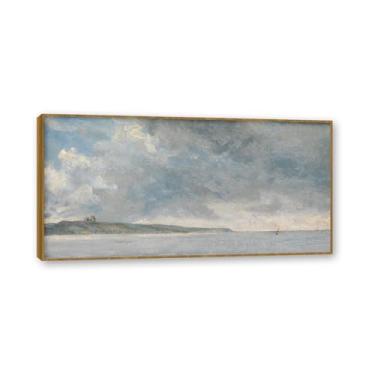 Imagem de Moldura de teca. Arte em tela romantismo estilo constável, (Cena costeira com falésias), pintura de paisagem inglesa emoldurada, decoração de parede elegante para sala de estar escritório. 50 x 100 cm