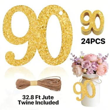 Imagem de ALISSAR 24 peças de etiquetas de ouro 90 números com barbante de juta de 90 metros – decorações de 90 anos, artigos de festa de 90º aniversário, peças centrais de pote de pedreiro, kit de embrulho de