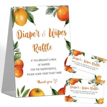 Imagem de Sorteio de fraldas para chá de bebê, 1 placa de pé com 50 bilhetes de sorteio de fraldas, ingressos de sorteio de fraldas cítricas laranja para chá de bebê, suprimentos de decoração de festa revelação