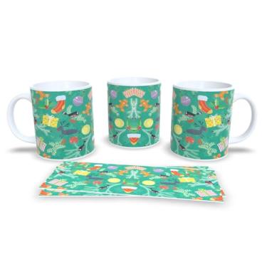 Imagem de Caneca de Cerâmica com Decoração Natalina, 325ml, Branca com Bolas de Natal em Vermelho, Azul e Verde, Design de Flocos de Neve (22)