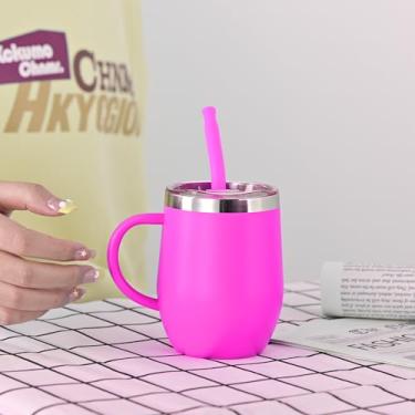 Imagem de Copo com alça copo isolado de 340 g com tampas à prova de vazamento e canudos - Copo reutilizável a vácuo de aço inoxidável com almofada de silicone, livre de BPA (rosa choque)