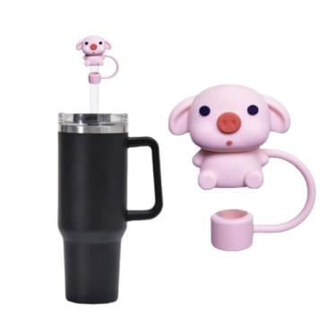 Imagem de 1 pç 10 mm Cute Pig StrCute Animal Silicone Straw Toppersw Tampas de palha de silicone animal fofo 1 cm para Stanley Copos de 30 e 1,134 g com alça, tampas de canudo reutilizáveis à prova de poeira