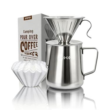 Imagem de AGOGO Conjunto de cafeteira portátil V60 – Gotejador compacto de aço inoxidável 304 de fácil limpeza para acampamento e 50 filtros de papel e pano de limpeza prateado 850 g