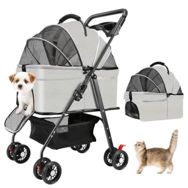 Imagem de AODI Carrinho de bebê para cães e gatos pequenos com 4 rodas, carrinho portátil dobrável para cães com suporte removível, guarda-sol, cesta de armazenamento e suporte de copo, até 15 kg