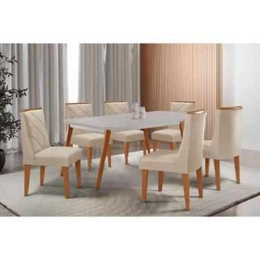 Imagem de Sala Jantar Mesa Havana Tampo c/ Vidro Curvo 180cm+6 Cadeiras Pietá Madeira Naturale/Off White - Capuccino/Suede Creme - Rufato