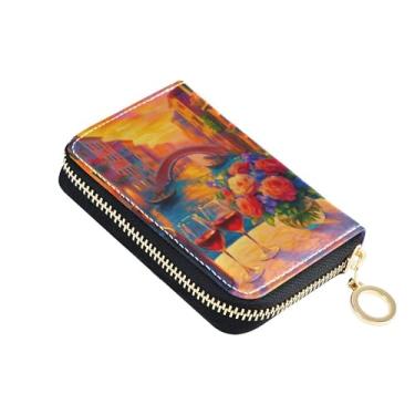 Imagem de GAIGEO Carteiras femininas vintage com estampa floral de flores de vinho com zíper em torno de porta-cartões com bloqueio de RFID, bolsa de moedas colorida com zíper