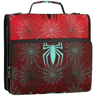 Imagem de Teias de aranha vermelhas, pretas e brancas, 3 argolas de 3,8 cm, organizador de fichário com zíper, bolsa de fichário para ensino médio com alça de viagem, vários bolsos, pasta grande, 34,5 x 31,5 x