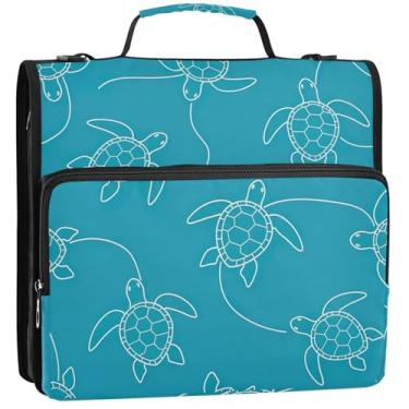 Imagem de Organizador de fichário com zíper azul petróleo e tartarugas marinhas de arte branca, 3 anéis, bolsa escolar com alça de ombro, portfólio e estojo para pasta de anel, 34,5 x 31,5 x 9 cm