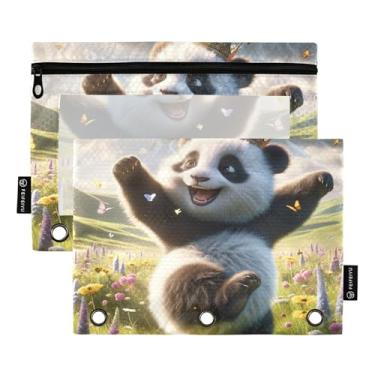 Imagem de GAIGEO Linda bolsa de lápis floral urso panda 3 anéis fichário com zíper sacos de lápis escritório escola pastas transparentes bolsos florais 25 x 18 cm, 2 pacotes